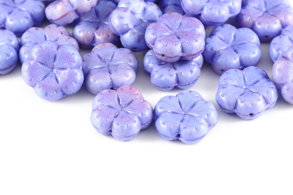 Bombax Flowers 17mm Opaque Blue Pink Mixed With Purple 1-Hole Czech Beads