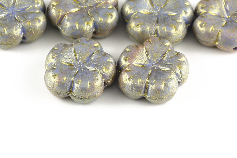 Bombax Flowers 17mm Blue Pink Mixed Gold Powder 1-Hole Czech Beads