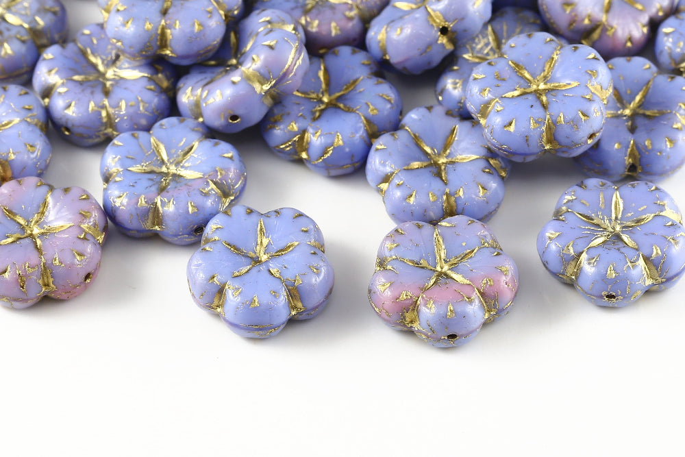 Bombax Flowers 17mm Blue Pink Mixed With Gold 1-Hole Czech Beads