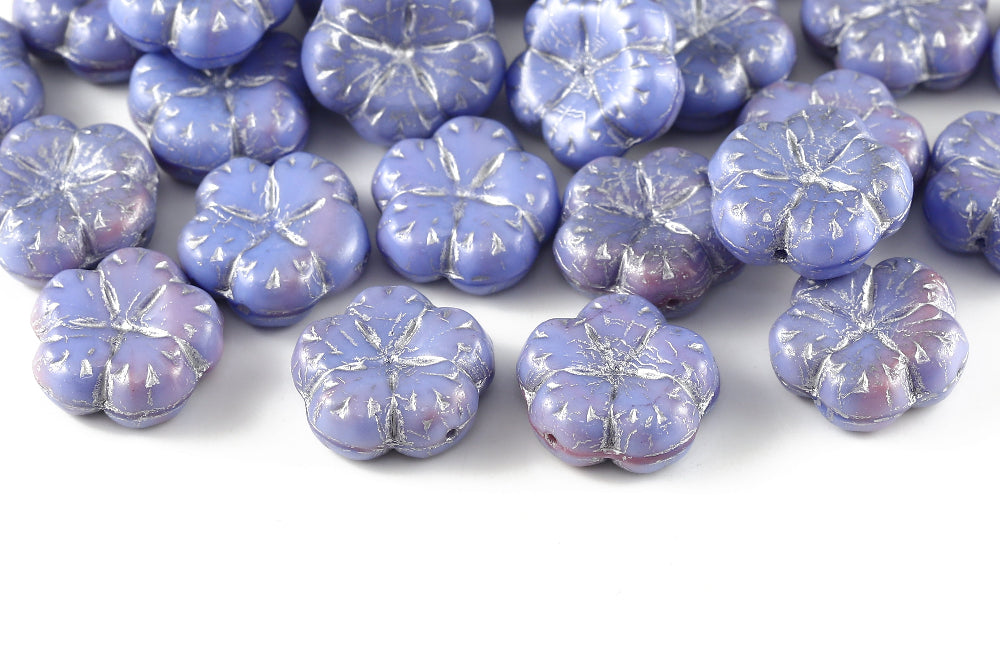 Bombax Flowers 17mm Blue Pink Mixed With Silver 1-Hole Czech Beads
