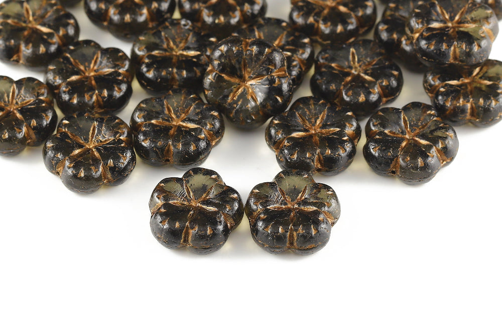 Bombax Flowers 17mm Gray Dark Diamond With Antique Copper 1-Hole Czech Beads