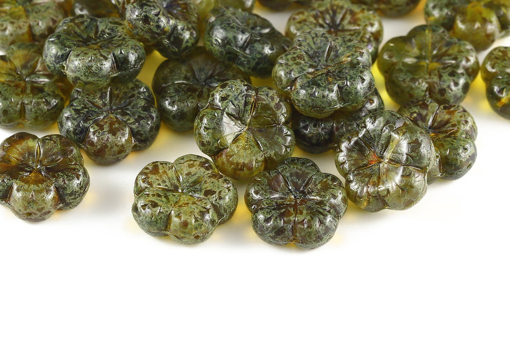 Bombax Flowers 17mm Olivine Aquamarine Travertin 1-Hole Czech Beads