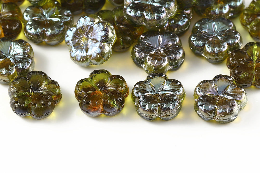 Bombax Flowers 17mm Olivine Celsian 1-Hole Czech Beads