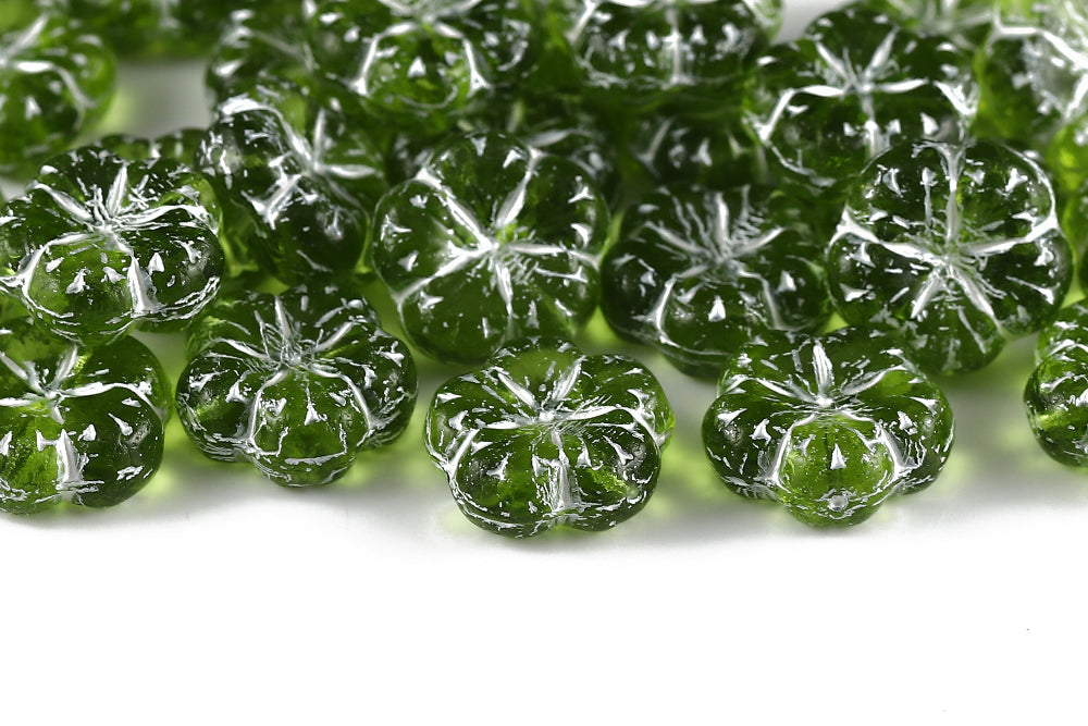 Bombax Flowers 17mm Olivine With White 1-Hole Czech Beads