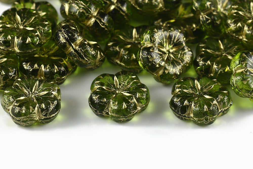 Bombax Flowers 17mm Olivine With Gold 1-Hole Czech Beads