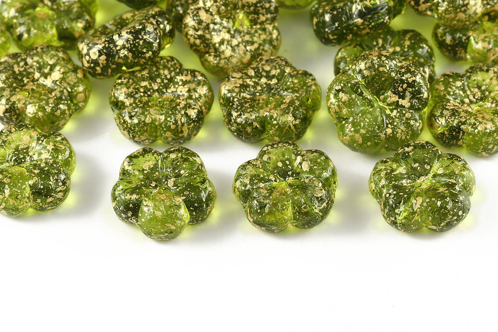 Bombax Flowers 17mm Olivine Gold Splash 1-Hole Czech Beads
