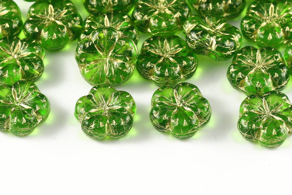 Bombax Flowers 17mm Peridot With Gold 1-Hole Czech Beads