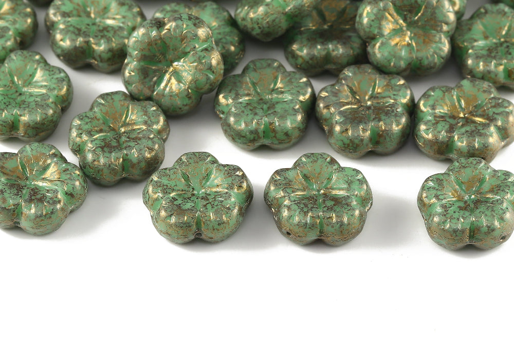 Bombax Flowers 17mm Milk Green Gold Marble 1-Hole Czech Beads