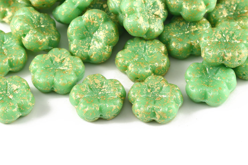 Bombax Flowers 17mm Milk Green Gold Splash 1-Hole Czech Beads