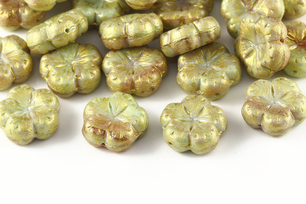 Bombax Flowers 17mm Mint Rose Mixed Gold Powder 1-Hole Czech Beads