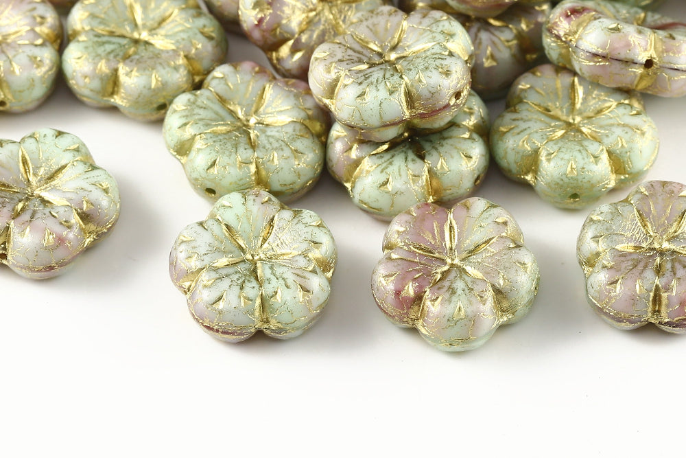 Bombax Flowers 17mm Mint Rose Mixed With Gold 1-Hole Czech Beads