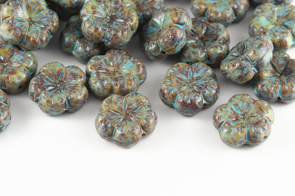 Bombax Flowers 17mm Mint Rose Mixed Travertin Blue 1-Hole Czech Beads