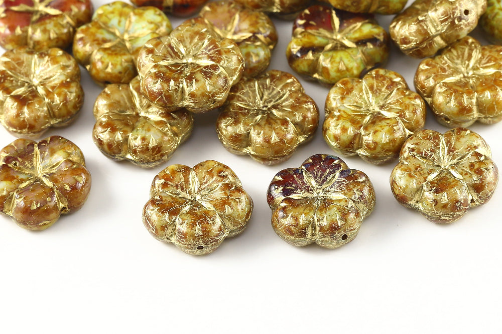 Bombax Flowers 17mm Mint Rose Mixed Travertin With Gold 1-Hole Czech Beads