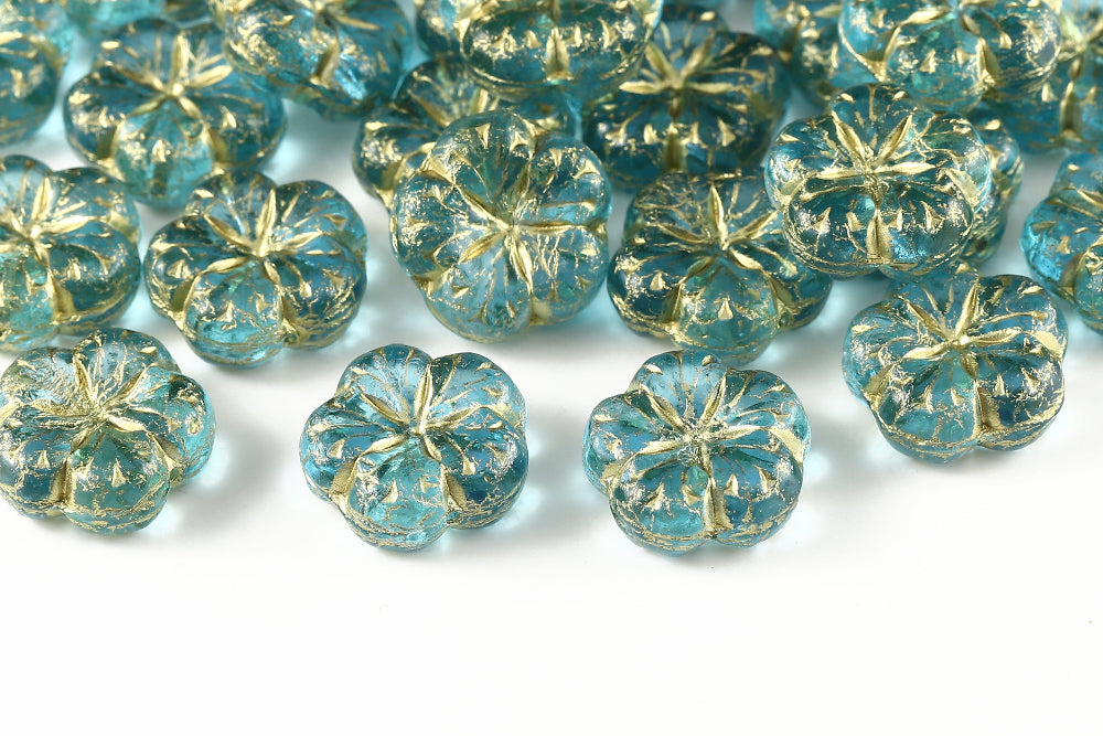 Bombax Flowers 17mm Lt.Aquamarine With Gold 1-Hole Czech Beads