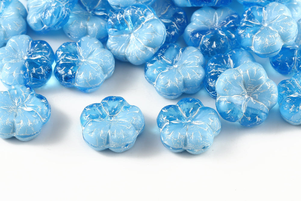 Bombax Flowers 17mm Aquamarine Milk Blue Mixed With White 1-Hole Czech Beads