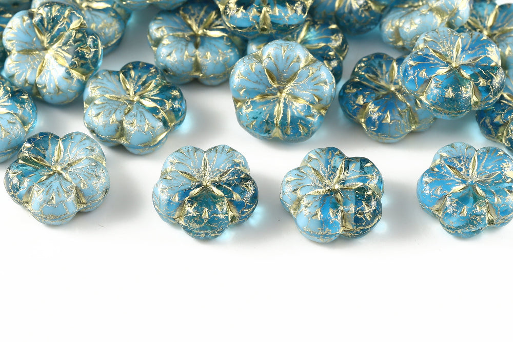 Bombax Flowers 17mm Aquamarine Milk Blue Mixed With Gold 1-Hole Czech Beads