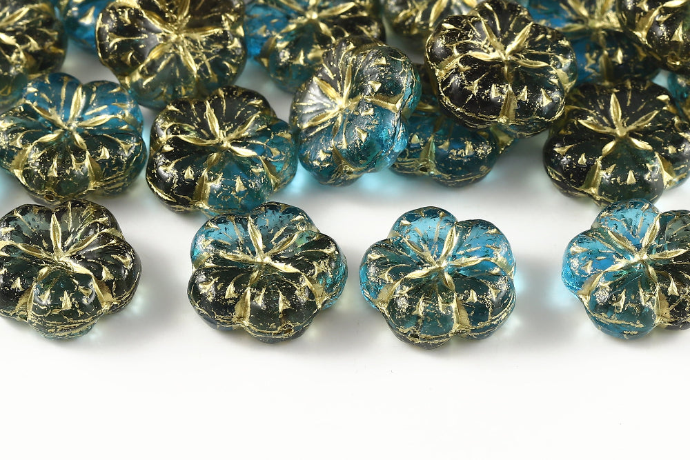 Bombax Flowers 17mm Aquamarine Gray Dark Mixed With Gold 1-Hole Czech Beads