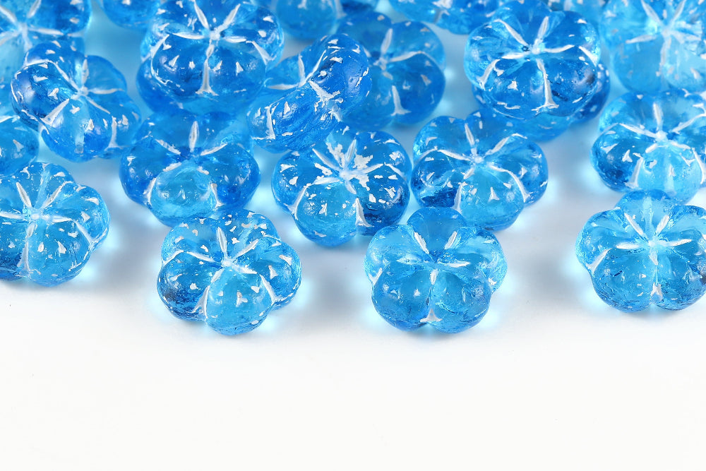 Bombax Flowers 17mm Aquamarine With White 1-Hole Czech Beads