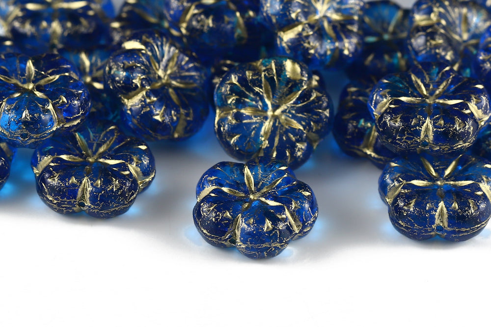 Bombax Flowers 17mm Drak Aqua With Gold 1-Hole Czech Beads