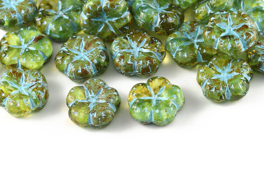 Bombax Flowers 17mm Crystal Aquamarine Mixed Travertin With Blue 1-Hole Czech Beads