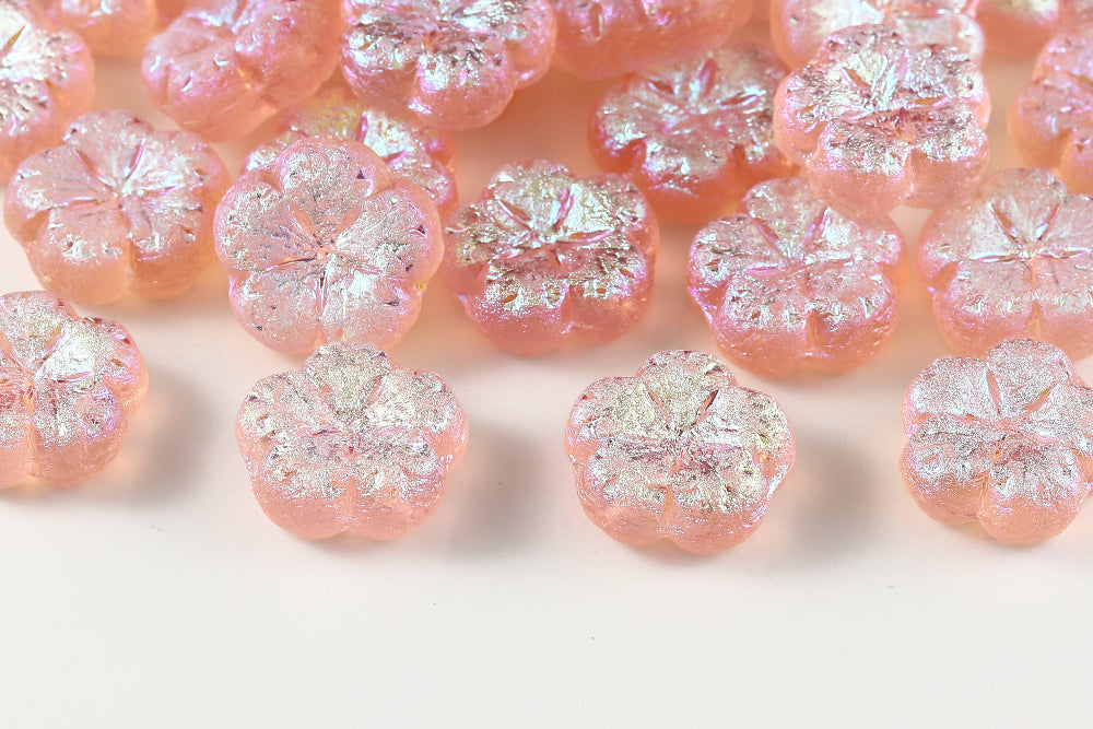 Bombax Flowers 17mm Lt.Rose AB Full Etched 1-Hole Czech Beads