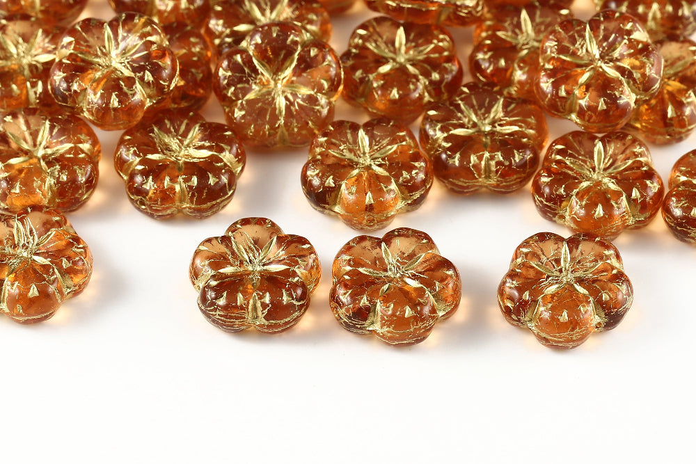 Bombax Flowers 17mm Drak Rose With Gold 1-Hole Czech Beads