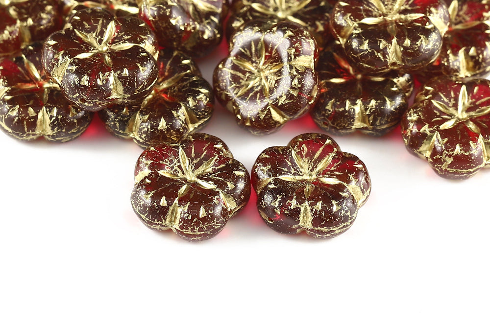 Bombax Flowers 17mm Bordeaux Red With Gold 1-Hole Czech Beads