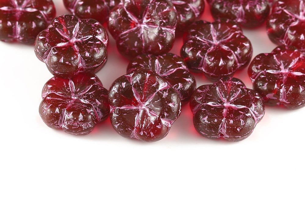 Bombax Flowers 17mm Bordeaux Red With Pink 1-Hole Czech Beads