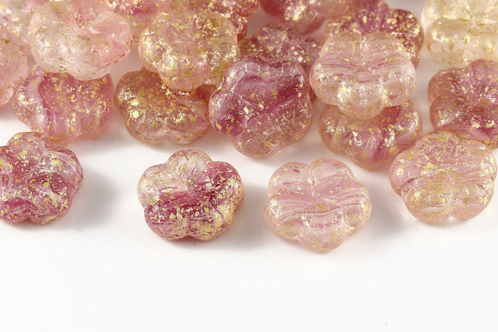Bombax Flowers 17mm Crystal Lt.Fuchsia Gold Splash 1-Hole Czech Beads