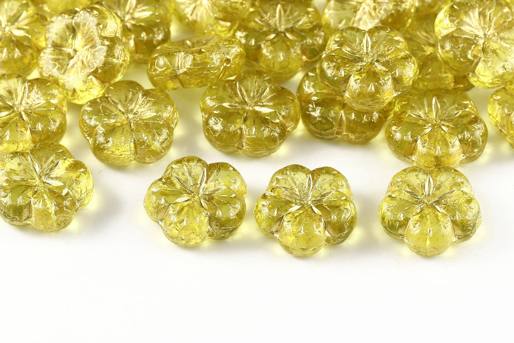 Bombax Flowers 17mm Jonquil With Gold 1-Hole Czech Beads
