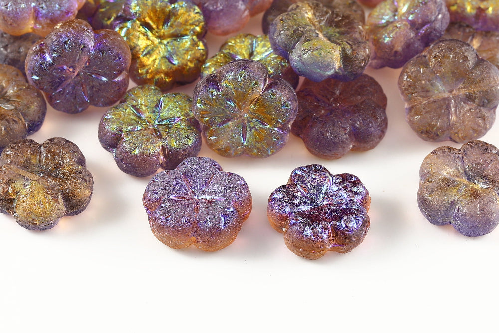 Bombax Flowers 17mm Crystal Violet Gold Colorful Etched 1-Hole Czech Beads