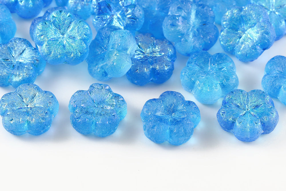 Bombax Flowers 17mm Crystal Aquamarine Colorful Etched 1-Hole Czech Beads