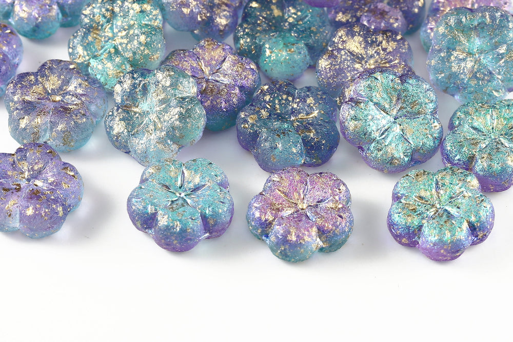 Bombax Flowers 17mm Crystal Purple Blue Gold Splash Etched 1-Hole Czech Beads