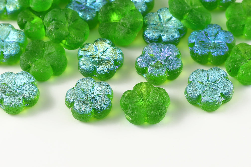 Bombax Flowers 17mm Peridot AB Etched 1-Hole Czech Beads