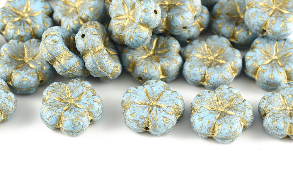 Bombax Flowers 17mm Milk Blue With Gold Etched 1-Hole Czech Beads