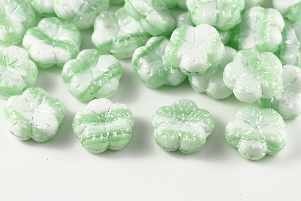Bombax Flowers 17mm Chalk Peridot Mixed With White 1-Hole Czech Beads
