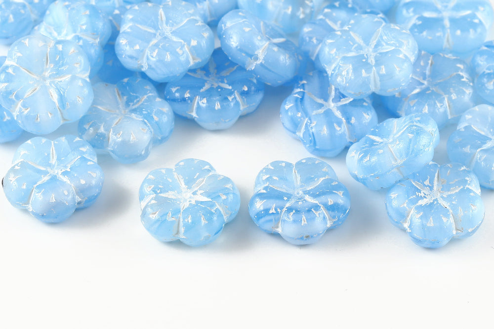 Bombax Flowers 17mm White Opal Aquamarine Mixed With White 1-Hole Czech Beads