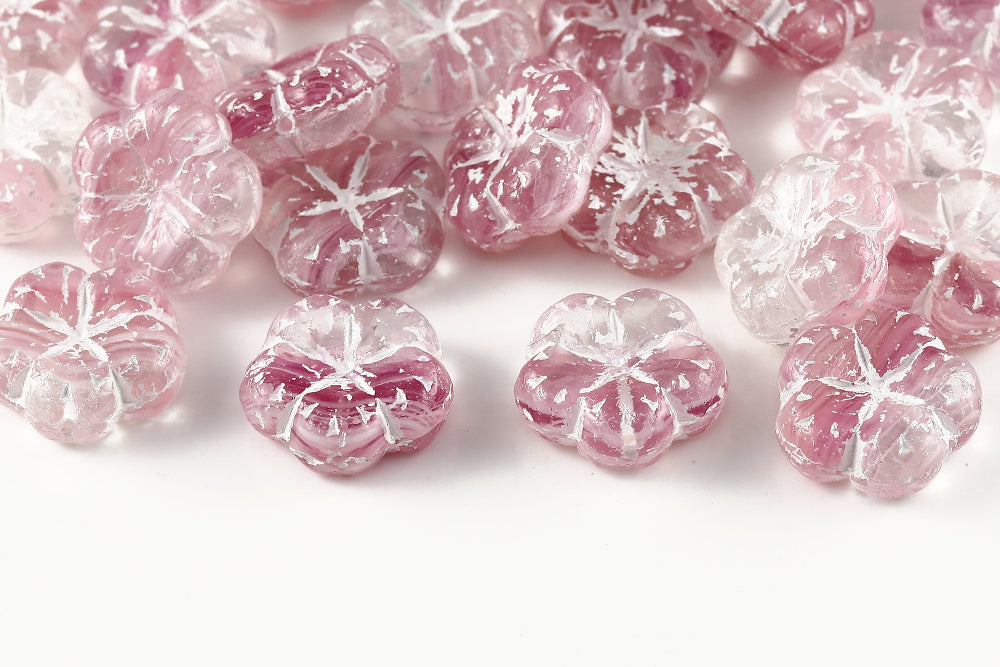 Bombax Flowers 17mm Crystal Lt.Fuchsia Mixed With White 1-Hole Czech Beads
