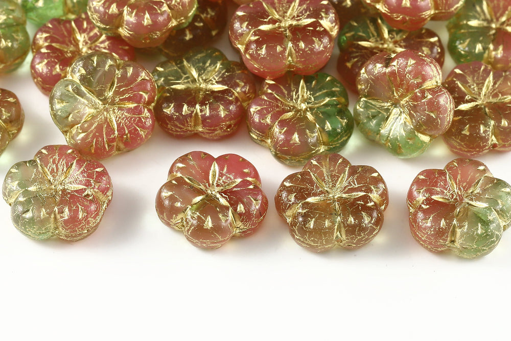 Bombax Flowers 17mm Rose Peridot Mixed With Gold 1-Hole Czech Beads