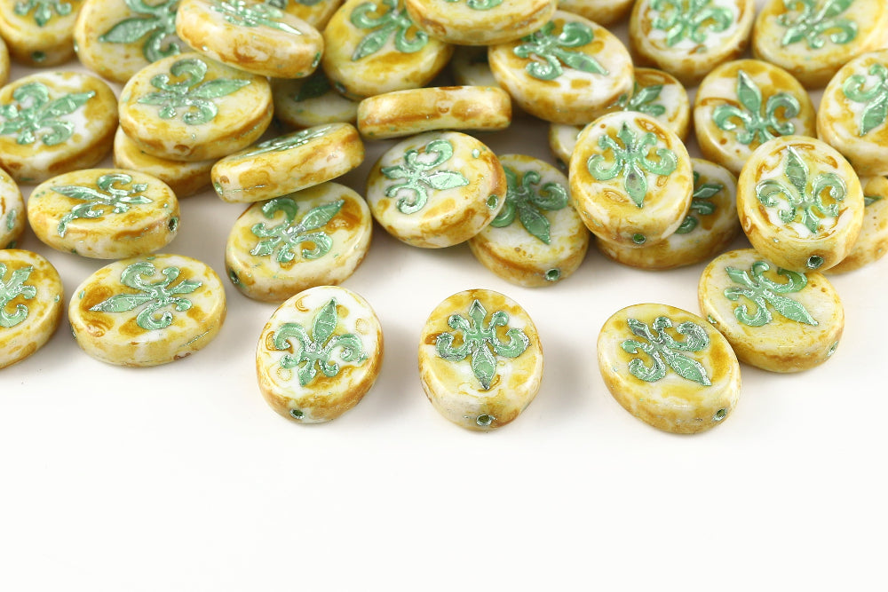 Iris 17×13mm Alabaster Travertin With Metallic Green 1-hole Czech Beads