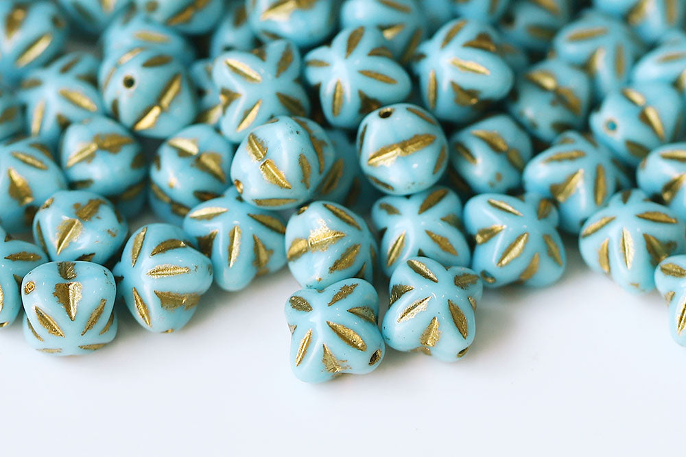 Cloves 8mm Turquoise Blue With Gold 1-Hole Czech Beads
