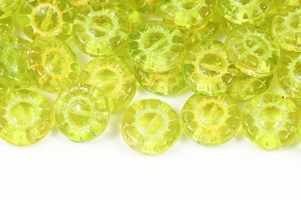 Sunflowers 13mm Crystal Lemon Green With Yellow 1-Hole Czech Beads