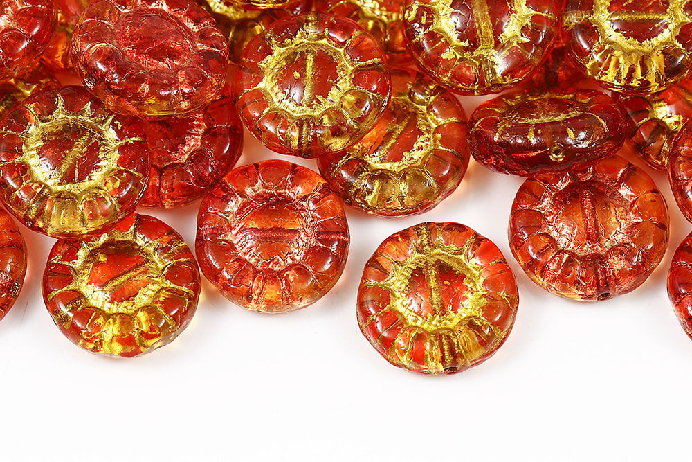 Sunflowers 13mm Crystal Orange Mixed With Gold 1-Hole Czech Beads