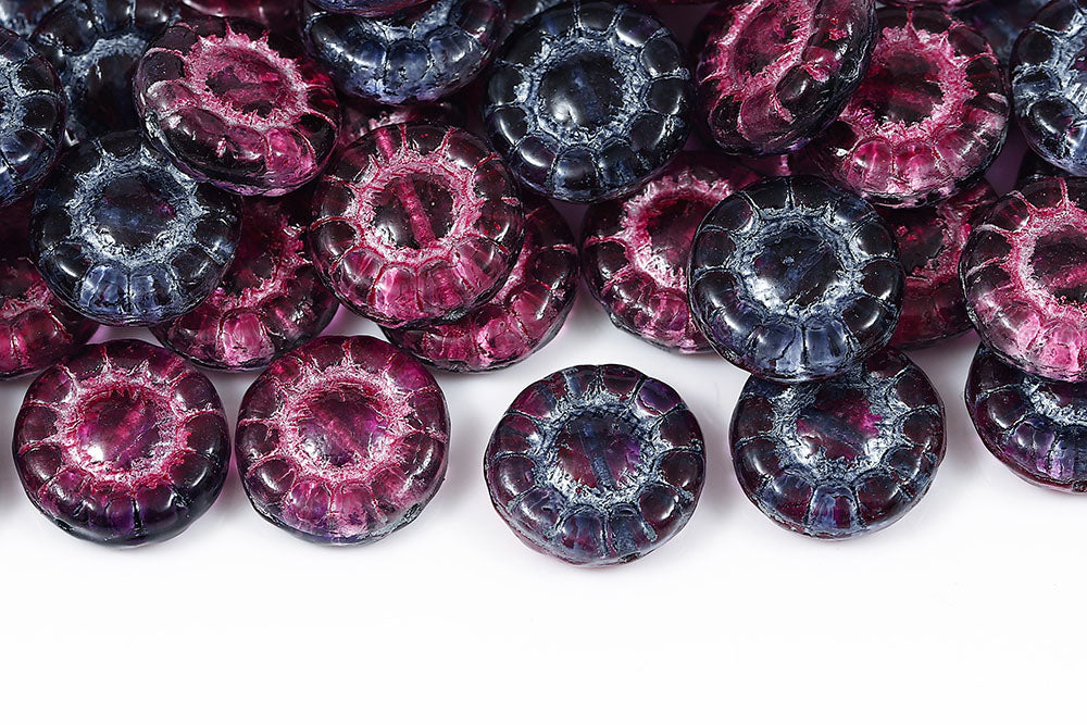 Sunflowers 13mm Crystal Pink Purple With Silver 1-Hole Czech Beads