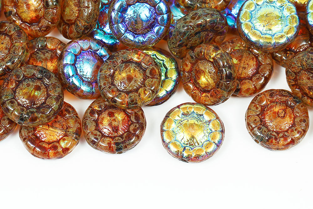 Sunflowers 13mm Crystal Travertin AB 1-Hole Czech Beads