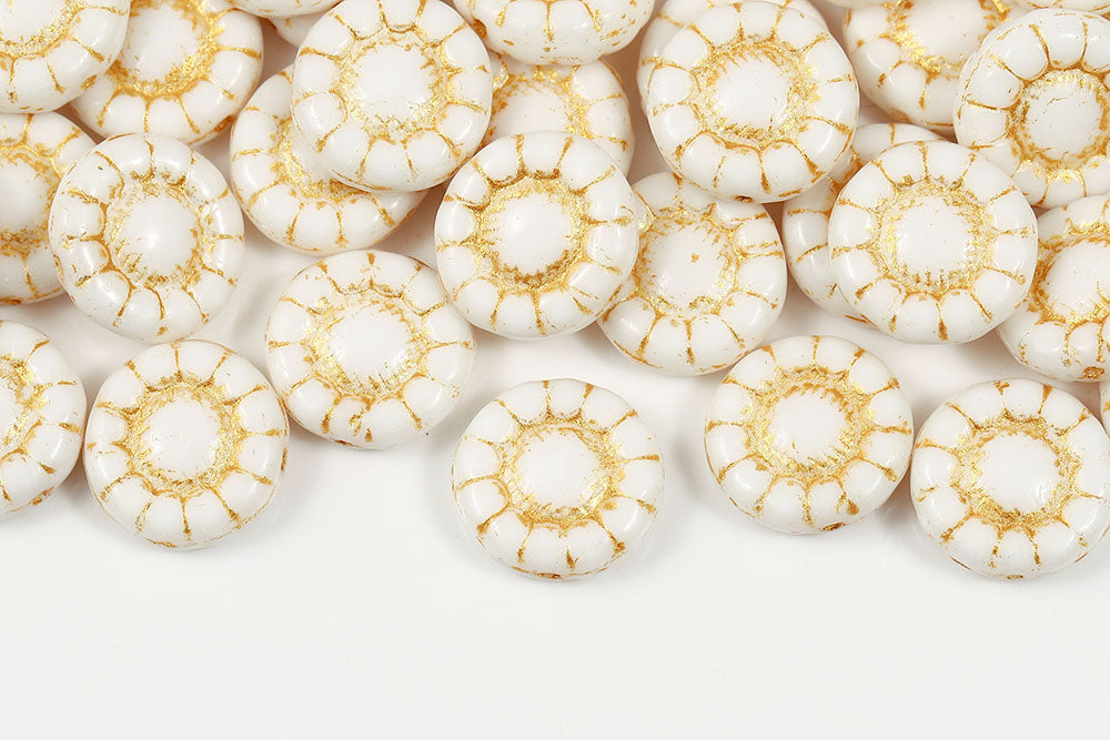 Sunflowers 13mm Chalk With Yellow 1-Hole Czech Beads