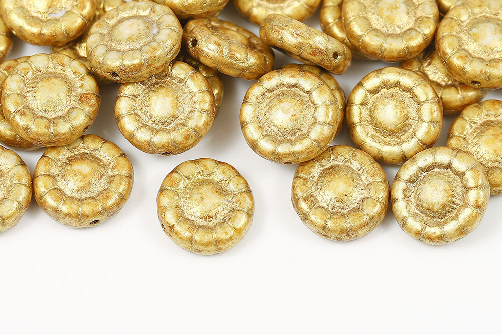 Sunflowers 13mm Chalk Amber Marble Finish With Gold 1-Hole Czech Beads