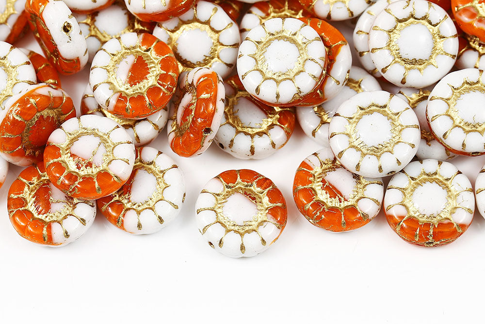 Sunflowers 13mm Chlak Orange Mixed With Gold 1-Hole Czech Beads