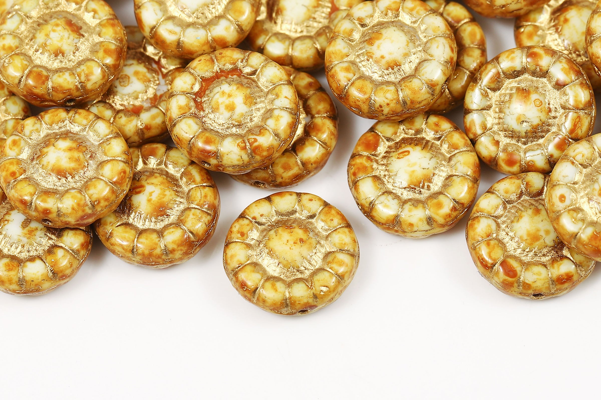 Sunflowers 13mm Chalk Travertin With Gold 1-Hole Czech Beads