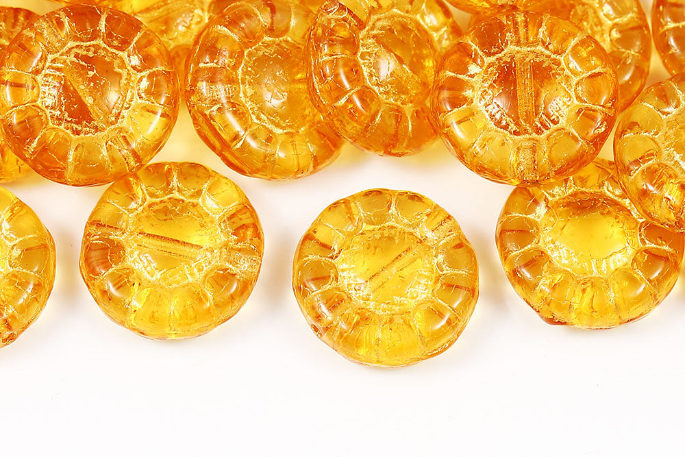 Sunflowers 13mm Lt.Topaz With Yellow 1-Hole Czech Beads